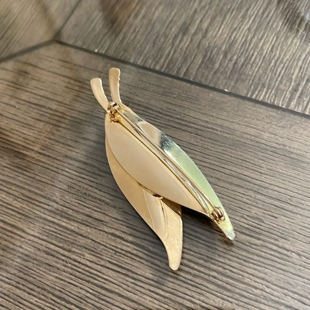 Vintage Double Leaf Gold-tone Pin with Faux Pearl Accent